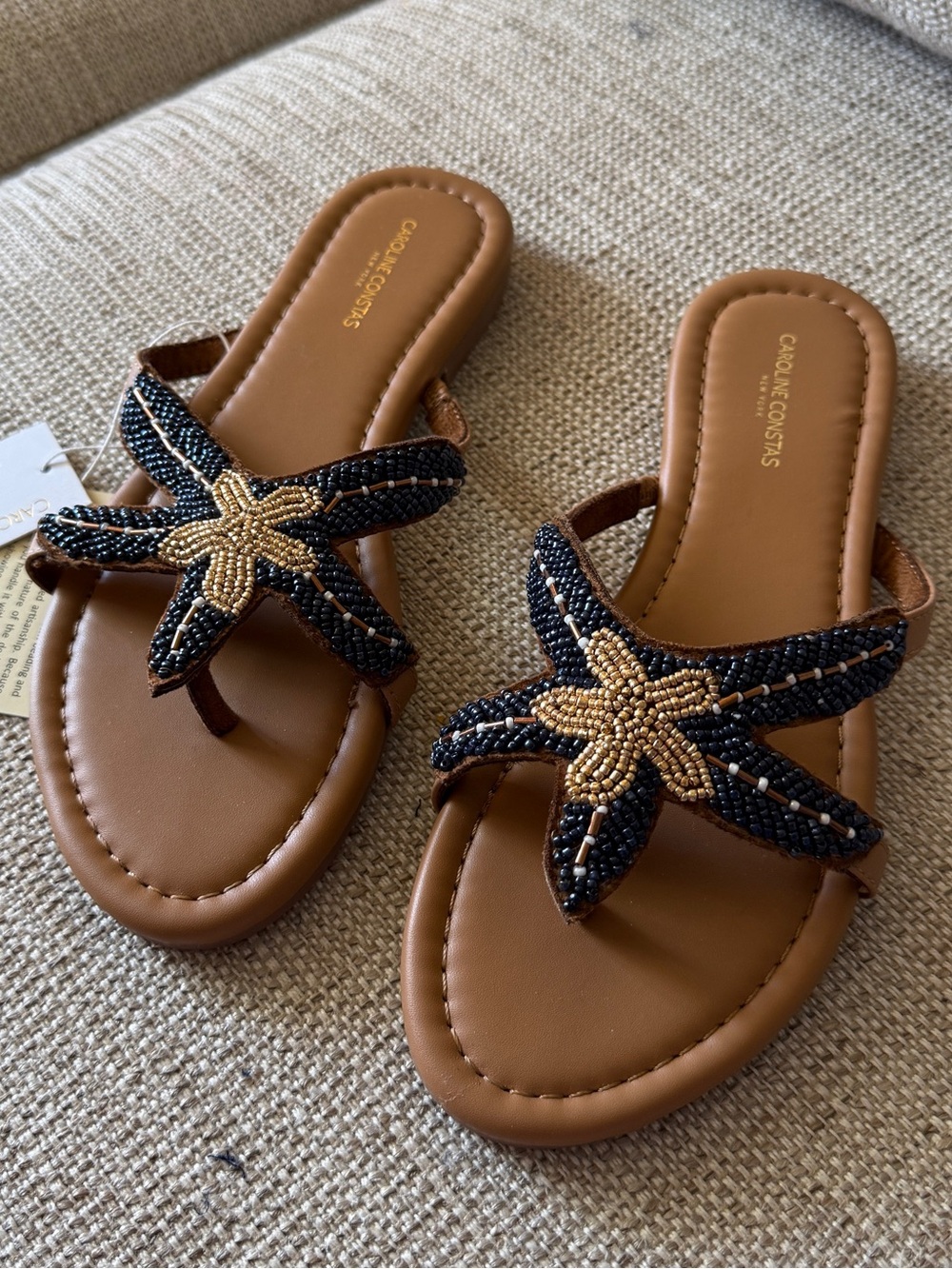 Caroline Constas Navy & Tan Starfish Beaded Flip Flop Beach Sandals - Picture 14 of 16